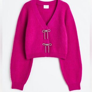 H&M Rhinestone-bow Rib-knit Cardigan